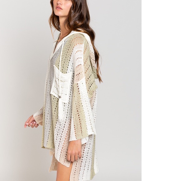 POL CLOTHING Knit stripe hoodie bikini cover up beach hoodie sweater white vneck - Picture 9 of 11